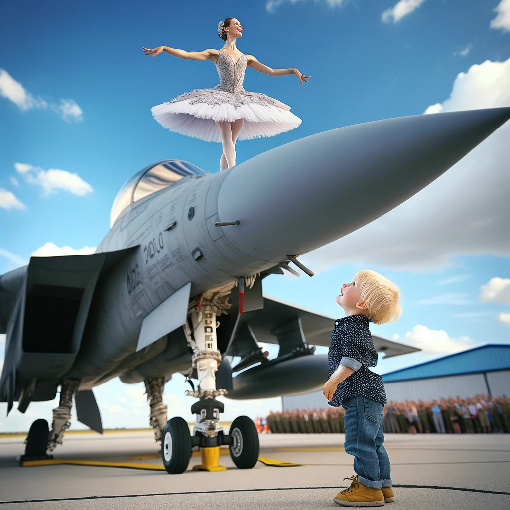 child checking out a military jet