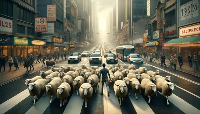 the sheeple and the sheep walking in line