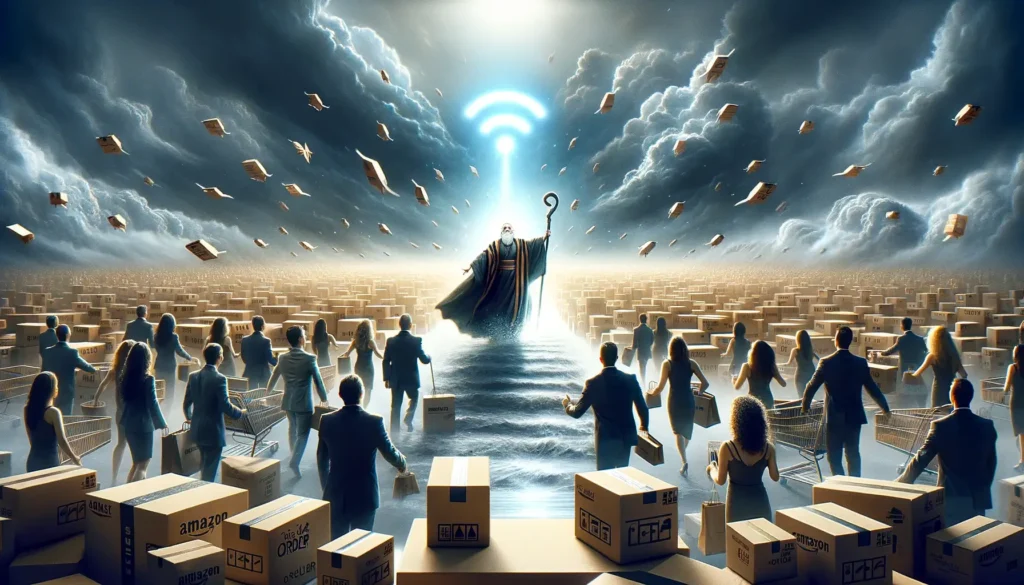 Jeff-Bezos-dressed-as-Moses-parting-a-sea-of-Amazon-boxes-