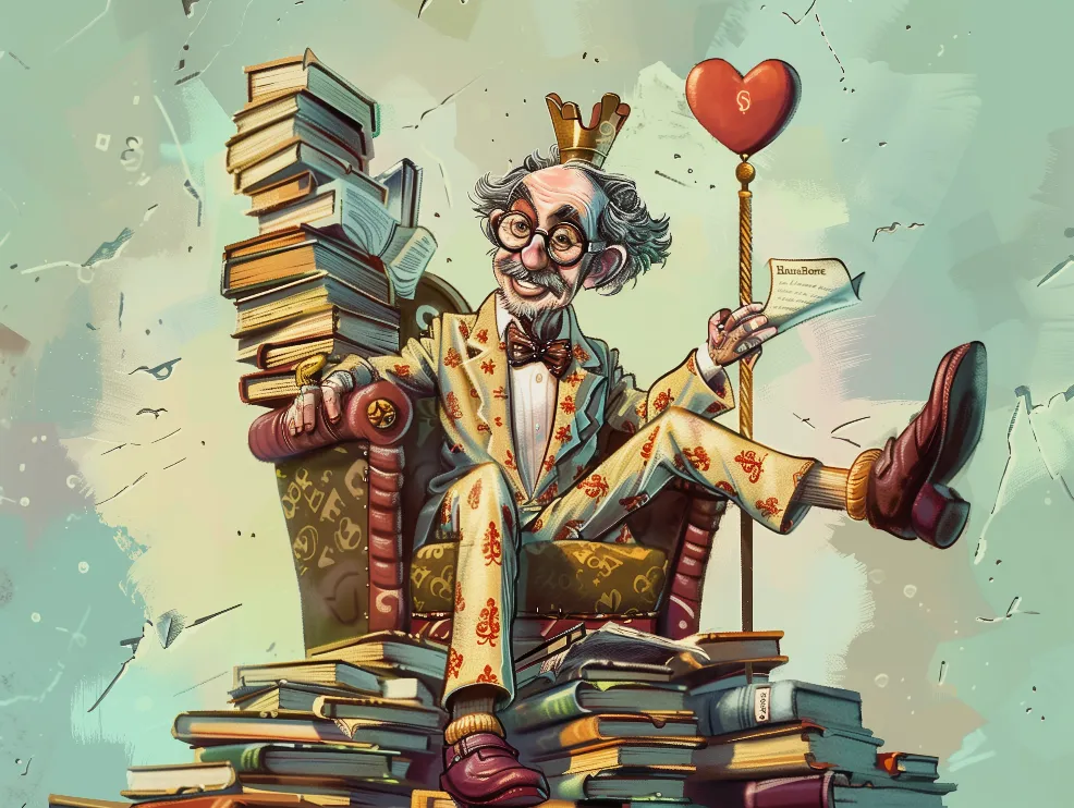 Harville Hendrix sitting on a throne made of self-help books, holding a wand with a heart-shaped dollar sign on top]