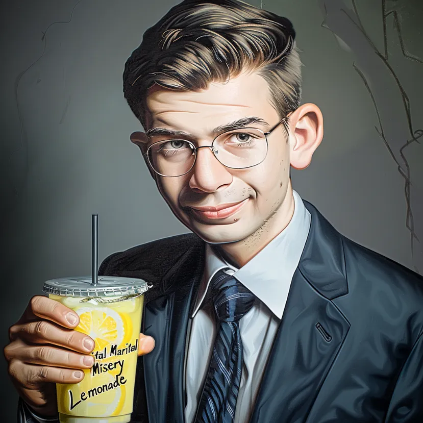  March E. Tellerman holding a lemonade stand with "Marital Misery Lemonade" written on it]
