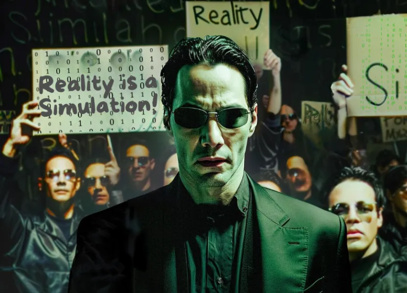 he Matrix, with Max Planck Society scientists superimposed into the background, holding up signs that read "Reality is a Simulation!