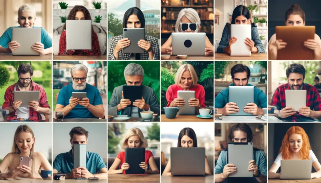 A collage of people hiding behind various devices, such as laptops, tablets, and smartphones, with captions like "Introvert's Paradise" and "Socially Distanced and Loving 
