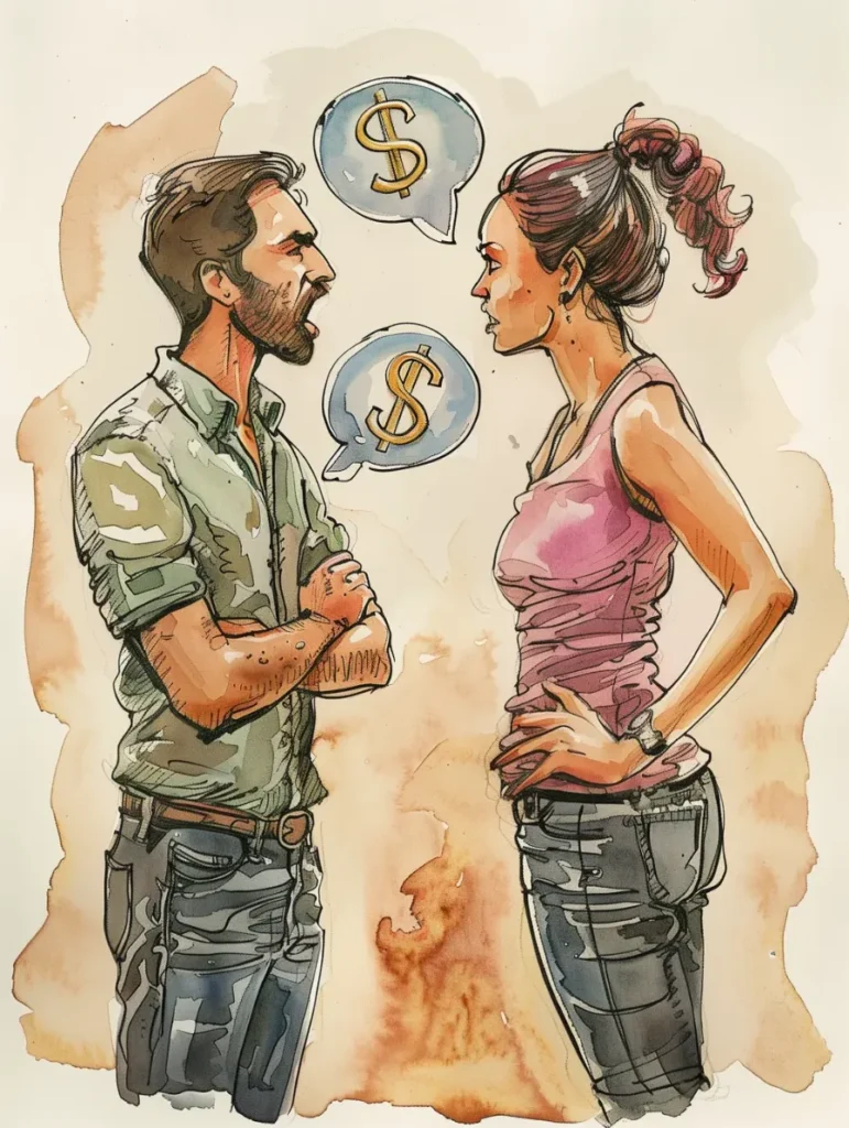 A couple arguing, with thought bubbles showing dollar signs