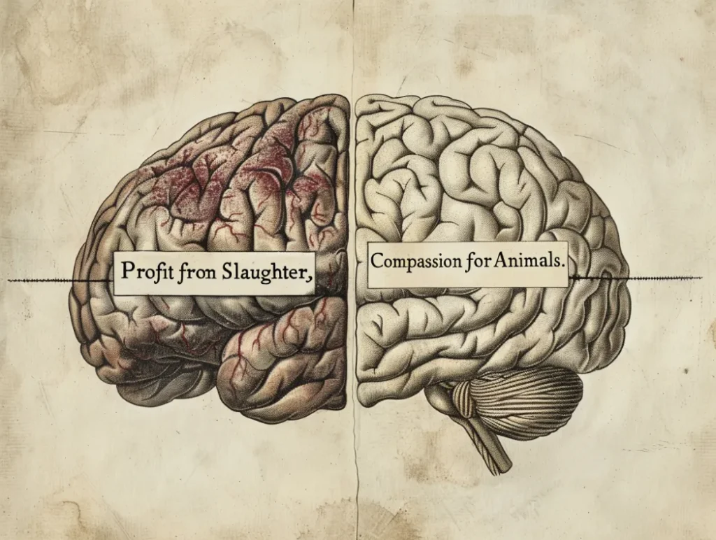 brain divided into two sections: "Compassion for Animals" and "Profit from Slaughter,"