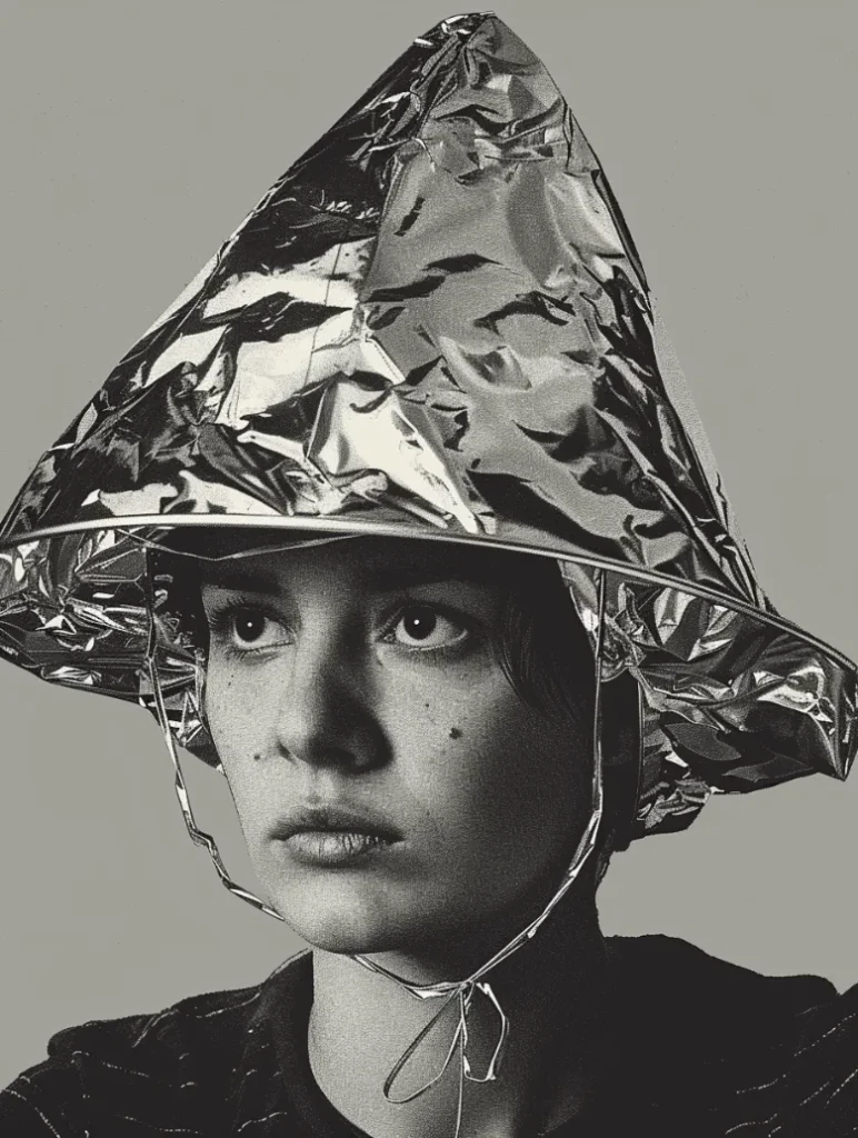  A person wearing a tinfoil hat, looking smug