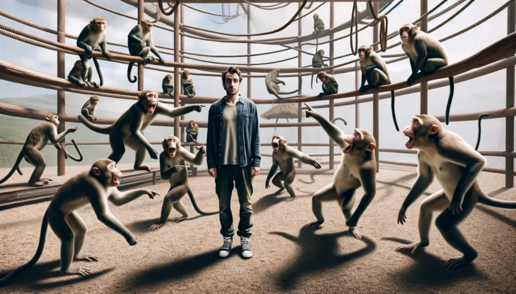 human in a Zoo with monkeys