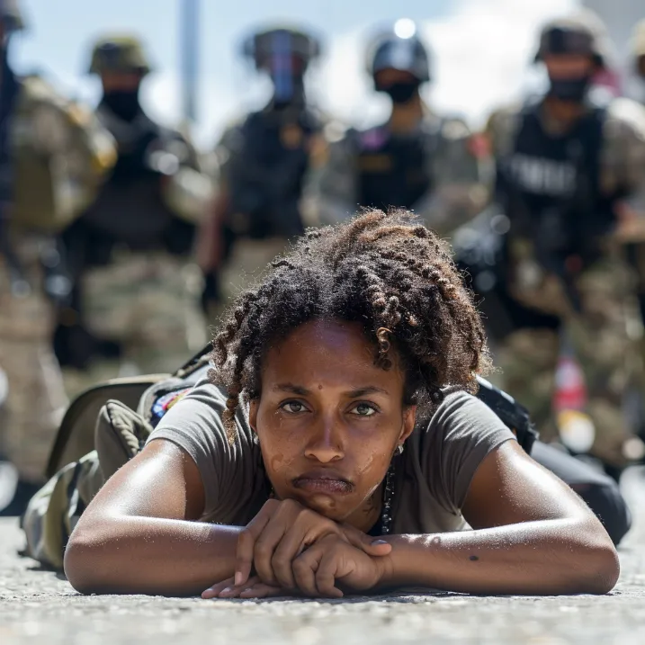 A protester lying down passively in front of armed security forces
