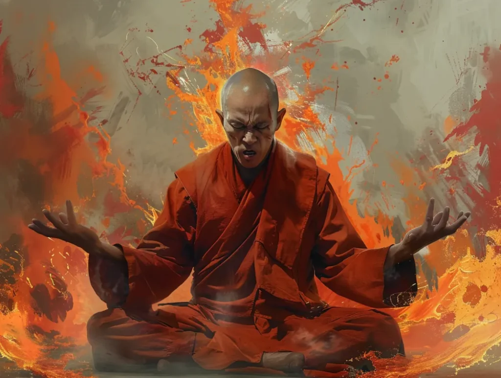 Unleash your inner peace warrior" , A serene Buddhist monk meditating with a look of intense fury on his face