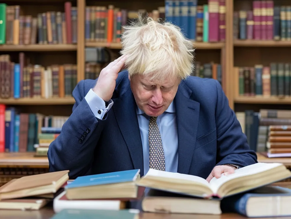 Boris Johnson scratching his head while staring intensely at the dictionary