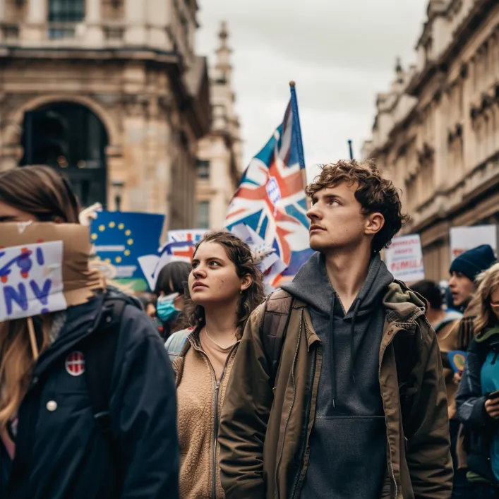 People on the streets looking confused and holding signs with contradictory Brexit slogans
