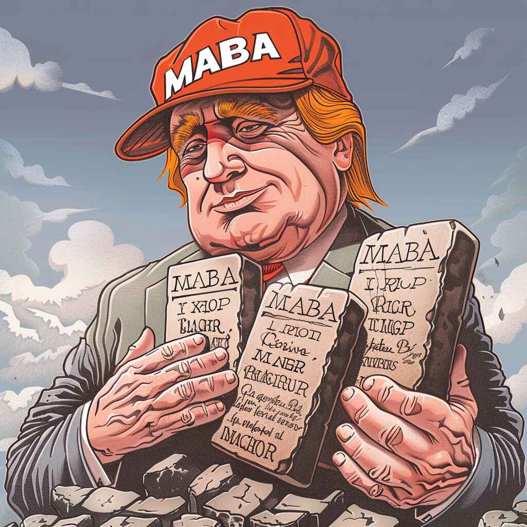 Trumpt holding tablets of the Ten Commandments