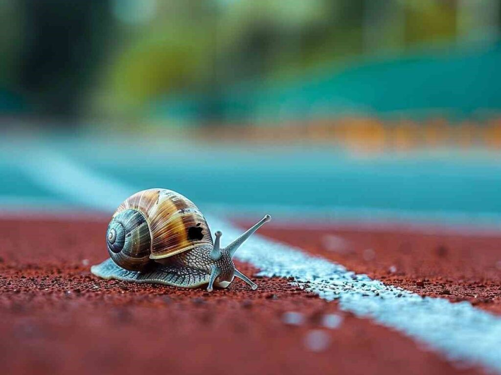 Apple Snail Crossing a Finish Line