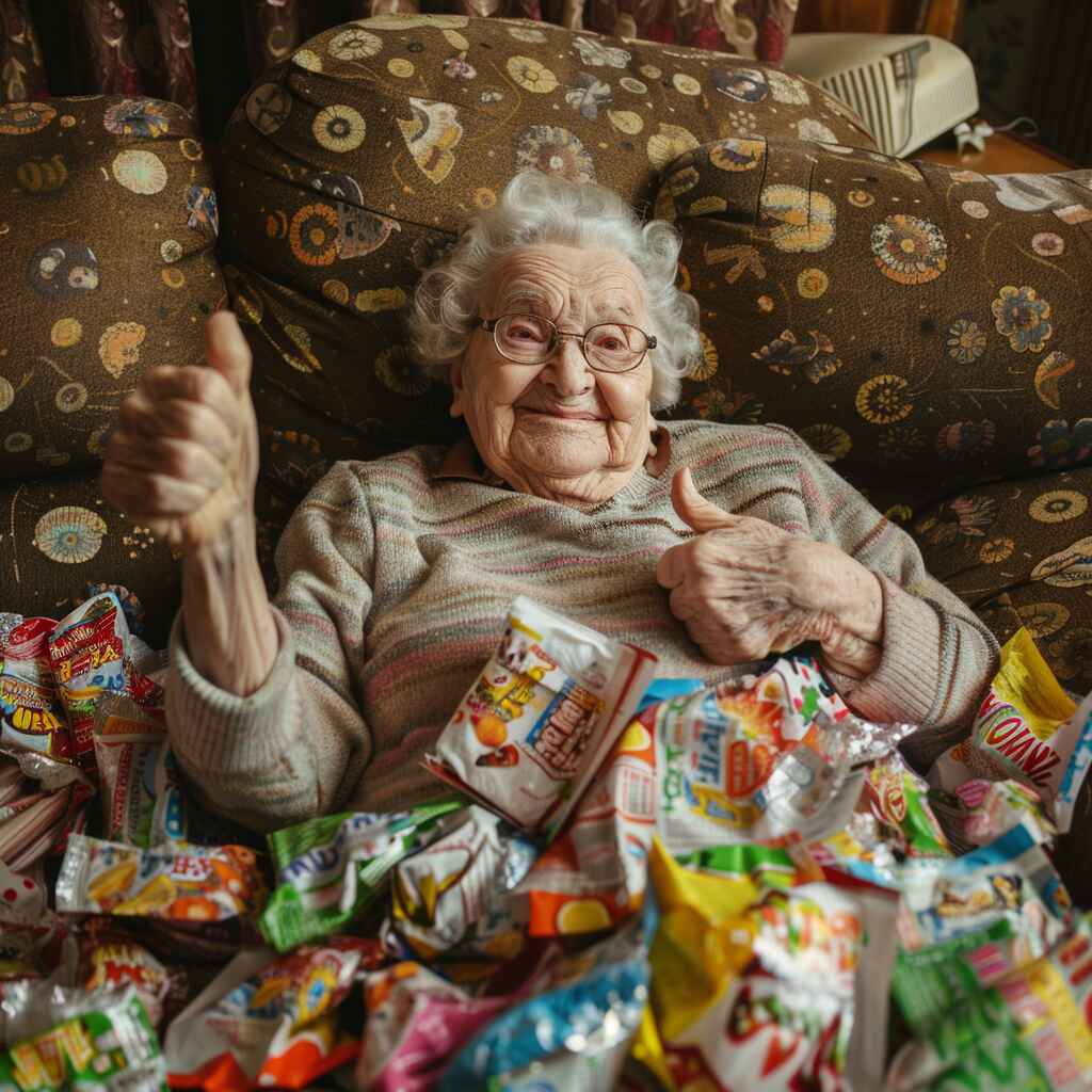 Grandma covered in junk food wrappers