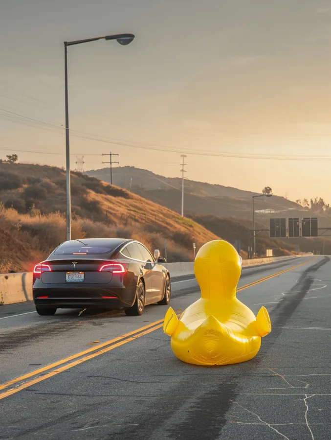  A Tesla swerving to avoid a giant inflatable duck in the middle of the highway