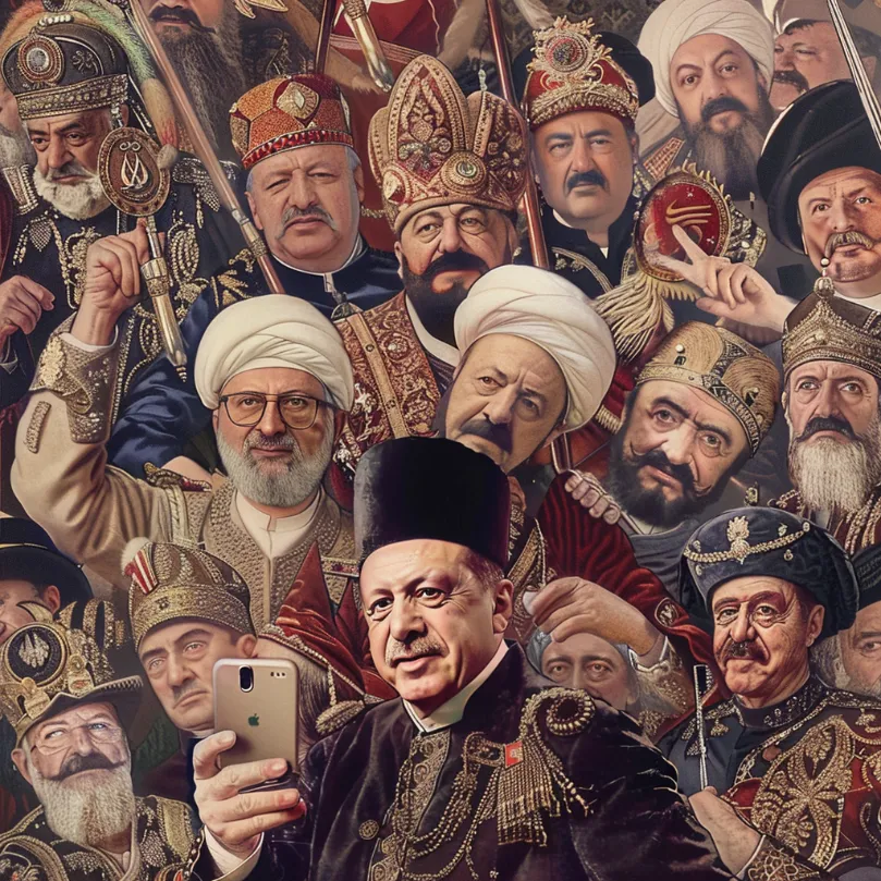 A collage of Ottoman-themed selfies, including one of Erdogan