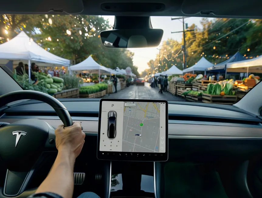 A driver frantically grabbing the wheel as their Tesla tries to navigate through a busy farmers market