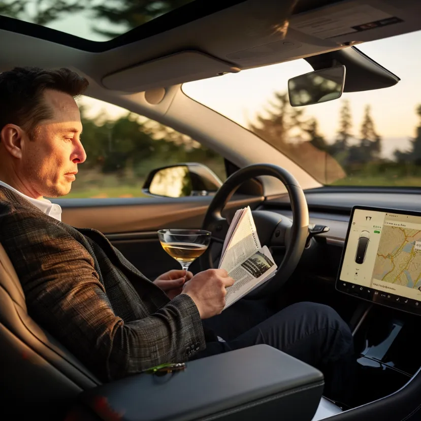 A driver sipping a martini and reading a newspaper while their Tesla drives itself