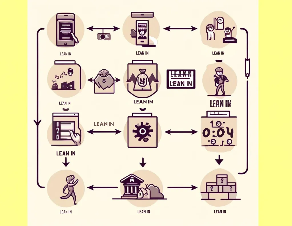 A flow chart showing how user data is collected, analyzed, and sold, with each step labeled "lean in"