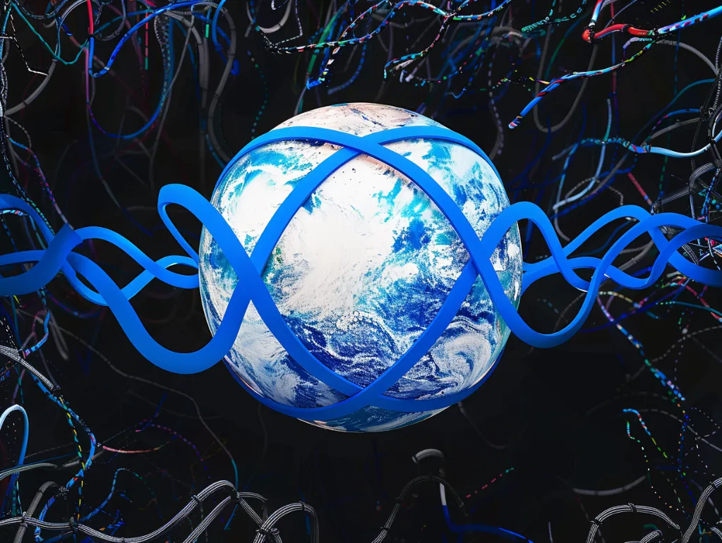 A globe trapped in a web of computer cords. Meta's world domination scheme