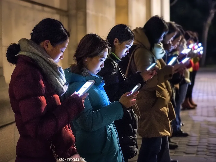 A group of Chinese citizens staring at their smartphones, all displaying the "TikTok for Proletariat"