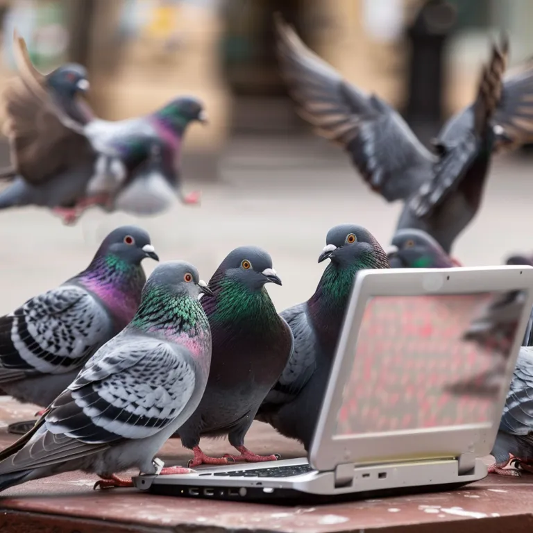 A group of pigeons gathered around a laptop, looking confused