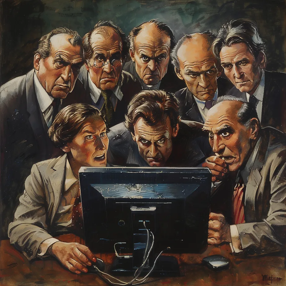 A group of stern-faced censors huddled around a computer, diligently deleting posts