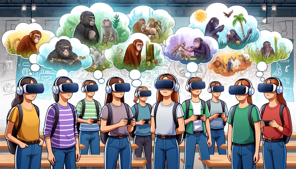 A group of young people wearing VR headsets, with thought bubbles showing them interacting with virtual primates and learning about conservation