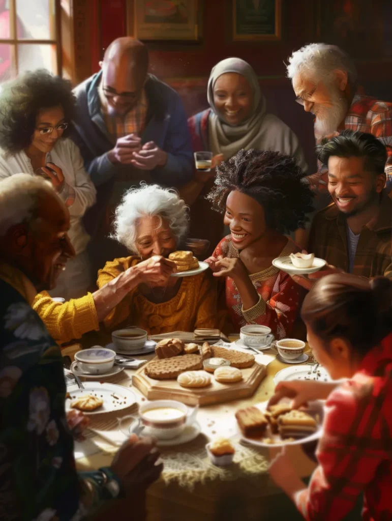 A heartwarming photo of a diverse group of Britons gathered around a tea table, dunking biscuits and smiling.]