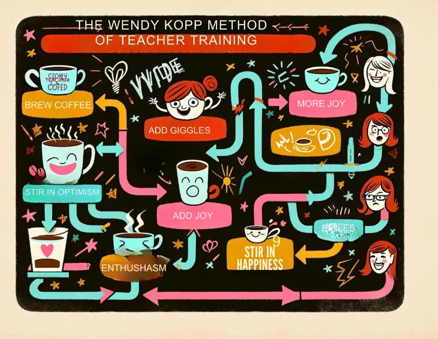 A humorous flow chart showing the "Wendy Kopp Method" of teacher training, with steps like "Brew coffee," "Add optimism," and "Stir in enthusiasm"