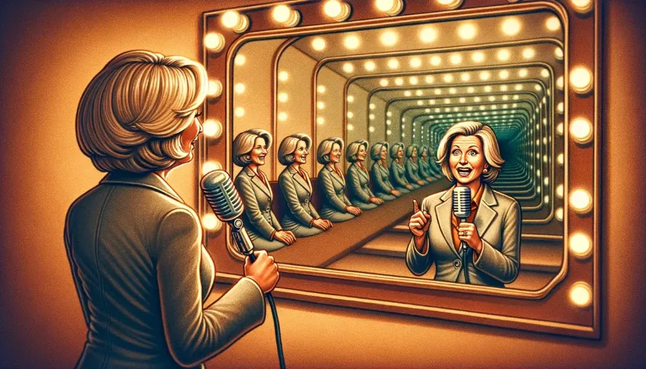 A humorous illustration of an MSNBC anchor interviewing herself in an endless mirror tunnel. MSNBC's self-referential reporting spiral