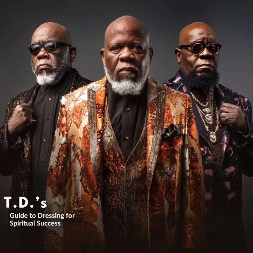 A parody advertisement for "T.D. Jakes' Guide to Dressing for Spiritual Success," featuring Jakes in various designer outfits