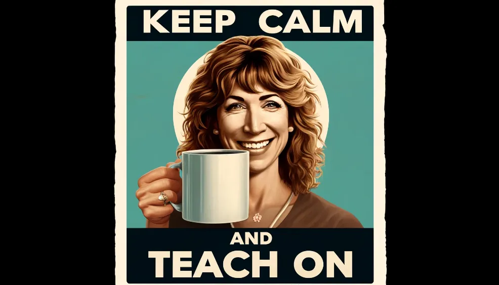 A parody of a motivational poster featuring Wendy Kopp holding a giant coffee mug, with the caption "Keep Calm and Teach On"