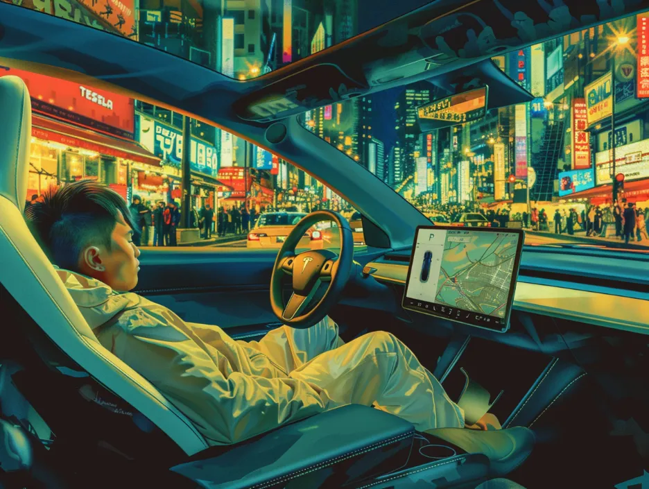 A person sleeping peacefully in the driver's seat of a Tesla, with the car navigating through a chaotic city street