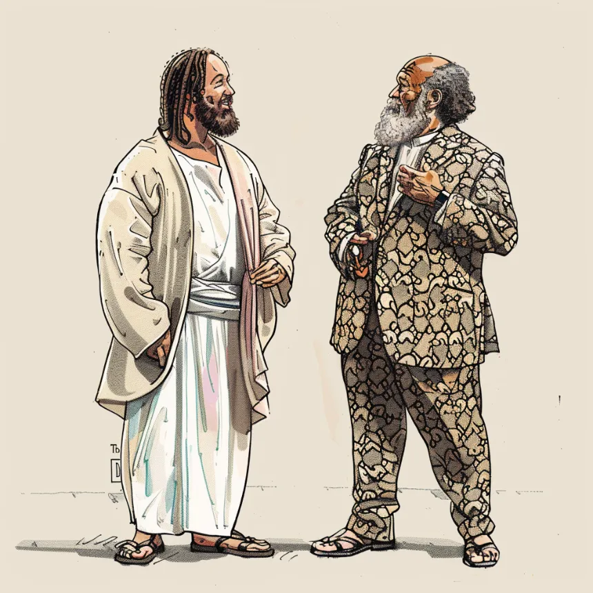 A satirical cartoon depicting Jesus wearing a simple robe and sandals, looking confused as he stands next to T.D. Jakes in a full Gucci outfit