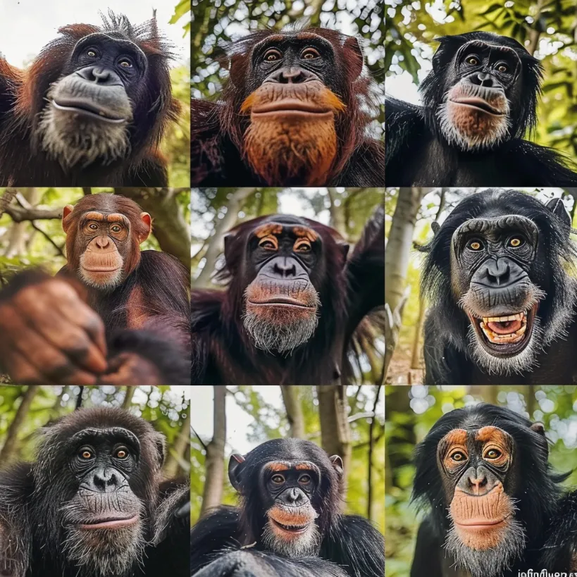 A series of primate selfies, each with a humorous caption about their "influencer" status and conservation message