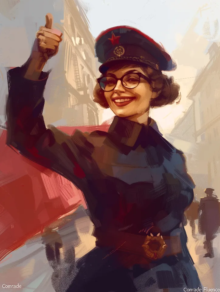 A smiling "Comrade Influencer" holding a red flag and giving a thumbs-up