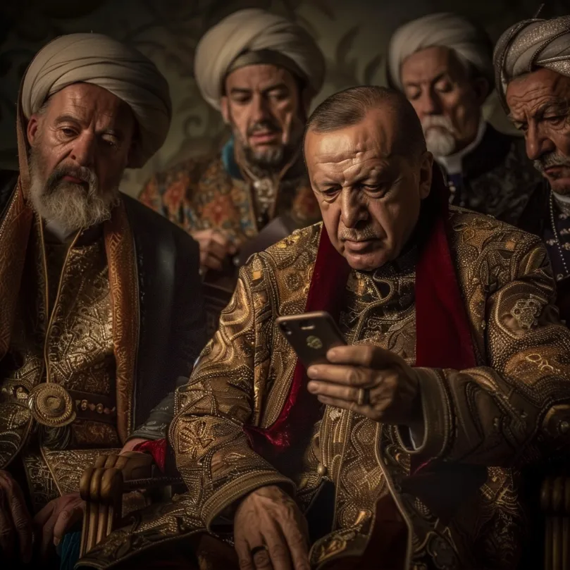 Erdogan looking at his smartphone, surrounded by advisors in Ottoman-era attire