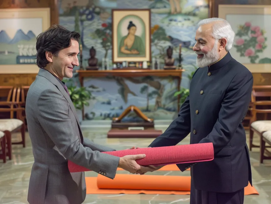 Justin Trudeau shaking hands with a world leader, both holding yoga mats