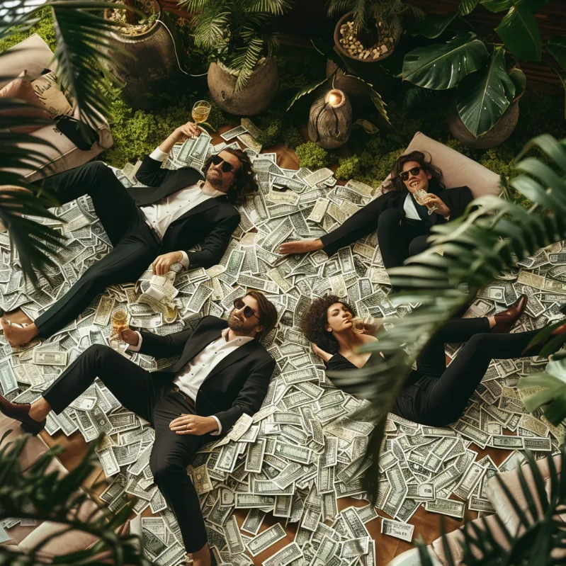 Meta executives lounging on piles of cash, toasting to the success of their data empire