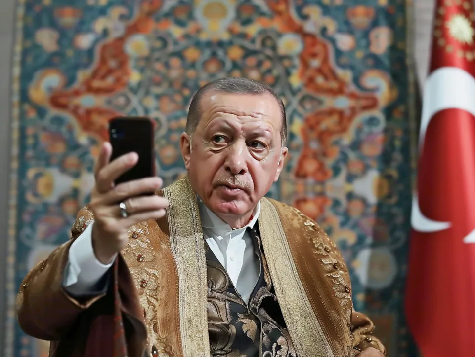 Recep Tayyip Erdogan in Ottoman-era attire, holding a smartphone and taking a selfie