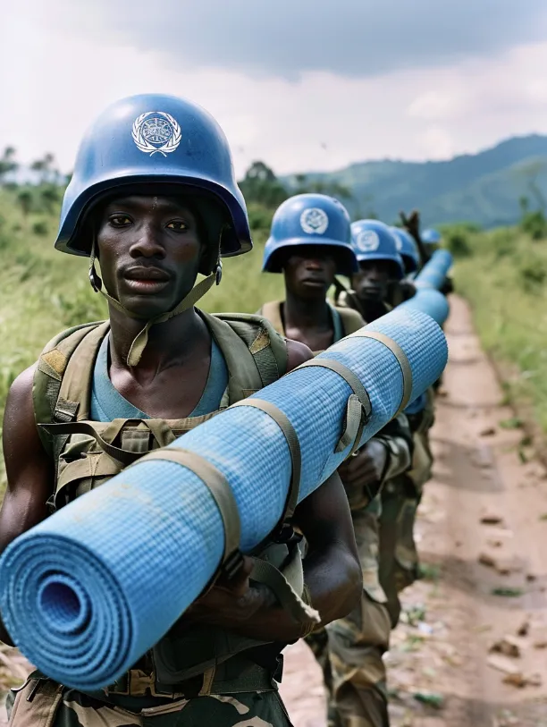 U.N. peacekeepers in blue helmets, carrying yoga mats instead of weapons