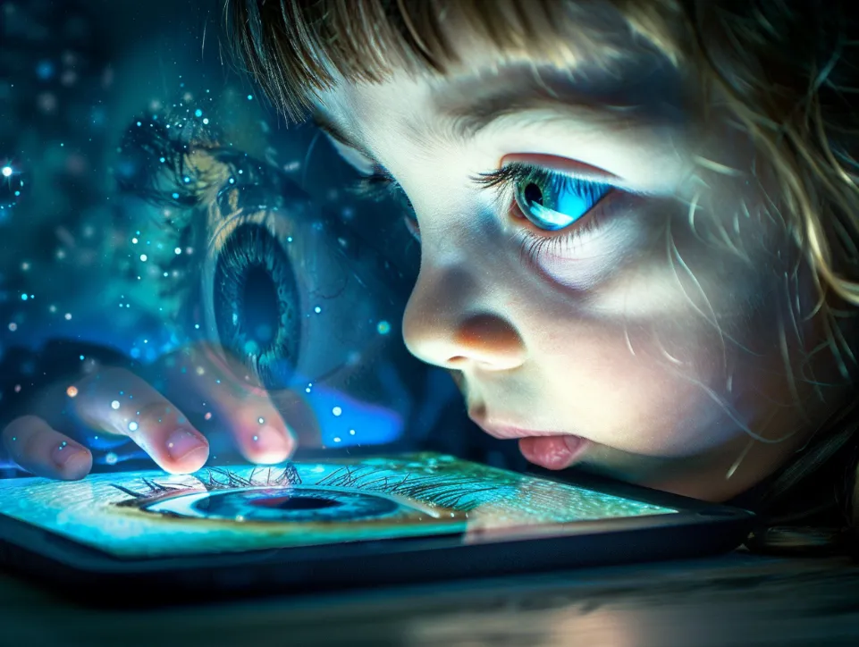 child staring at a tablet screen, with a giant eye superimposed on the screen, reminding them to blink