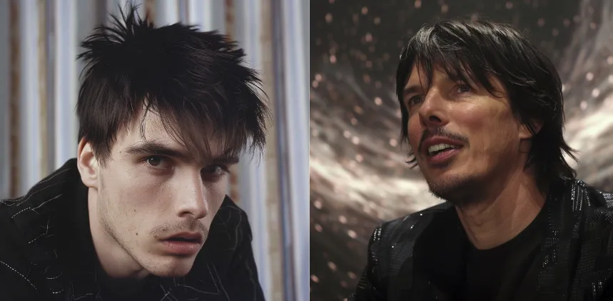 A split-screen showing Brian Cox in his D:Ream days, hair gelled and spiked, juxtaposed with current-day Cox explaining a black hole, his hair flowing majestically in an inexplicable breeze.