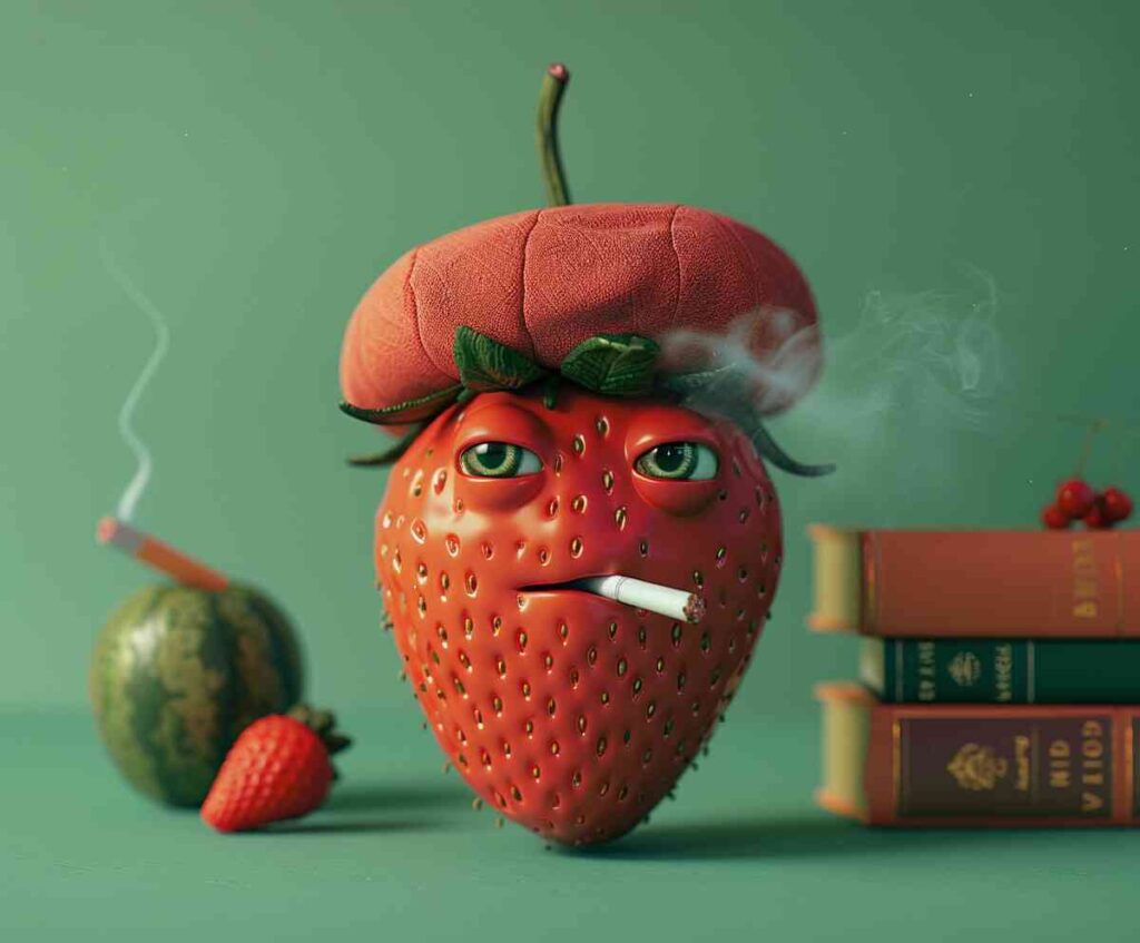 Confused Strawberry Smoking a Cigarette