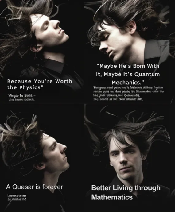 A parody of a shampoo advertisement featuring Brian Cox in various dramatic poses, his hair flowing impossibly in each scene, with captions like "Because You're Worth the Physics" and "Maybe He's Born With It, Maybe It's Quantum Mechanics."