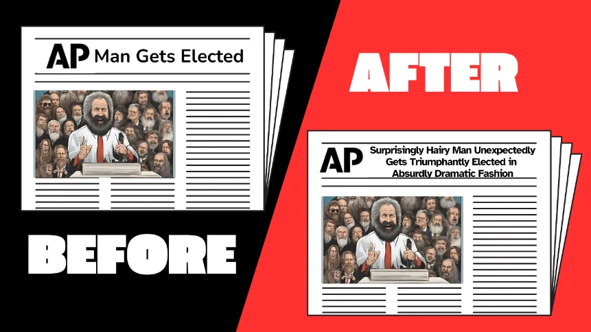 A before-and-after comparison of AP news headlines, with the 'before' being stark and plain, and the 'after' 