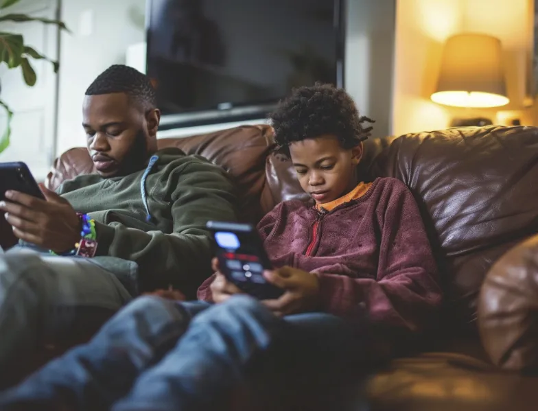  A parent lounging on the couch, scrolling through their phone, while their child sits nearby, also engrossed in a digital device.