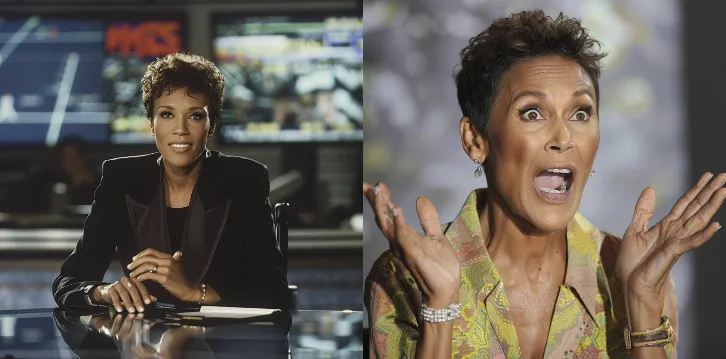 A split-screen showing Roberts in her ESPN days reporting on sports juxtaposed with her current role, dramatically revealing celebrity gossip, complete with exaggerated hand gestures and facial expressions