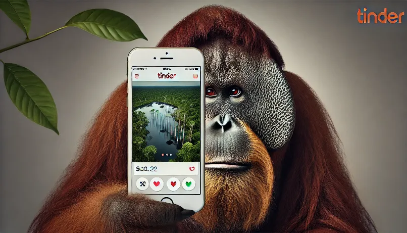 A close-up of an orangutan holding a smartphone with Tinder open, swiping left on a picture of a deforested rainforest with a disgusted expression on its face